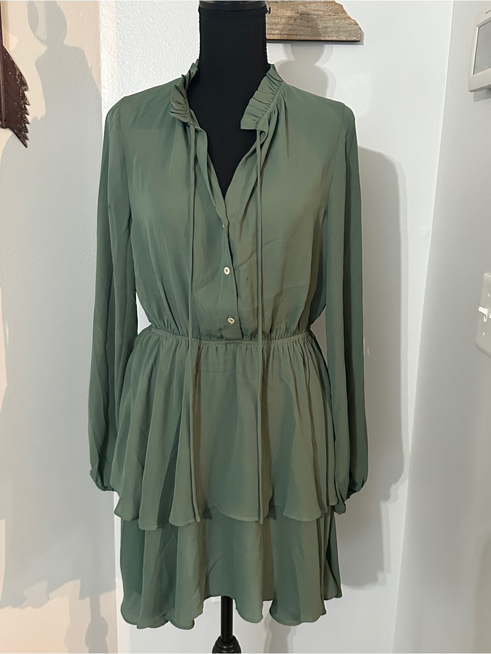 Pink Lily Sage Green Long Sleeve Tiered Peplum Dress